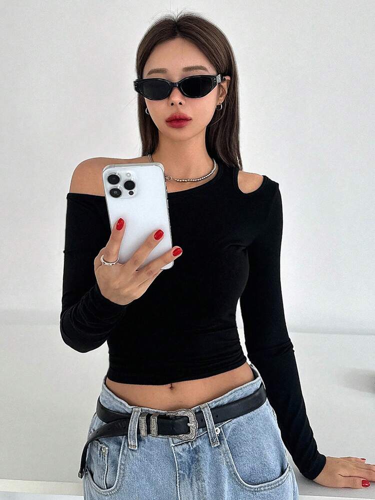 Women Casual Solid Color Asymmetric Collar T-Shirt, Spring And Autumn,Back To School Clothes Long Sleeve Women Tops