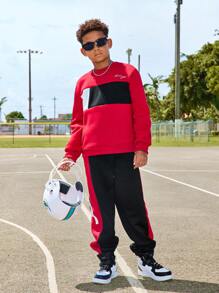 2pcs Tween Boys Sporty Color Block Sweatshirt & Sweatpants Set - Red - View 1