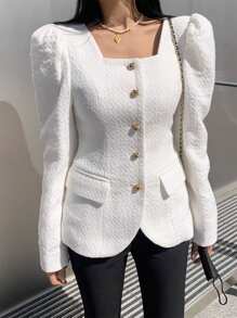 DAZY Women's Solid Square Collar Button Front Long Sleeve Elegant Jacket