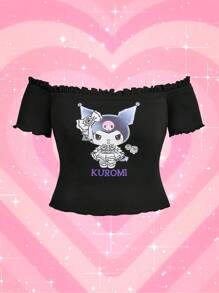 HELLO KITTY AND FRIENDS | SHEIN Süßes & Kühles Y2K trägerloses Bodycon-Top mit -Aufdruck in Große Größen, Ärmel mit Rüschen-Saum - Schwarz - Übersicht 3