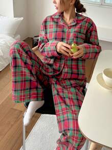 DAZY Conjunto de pijama con camisa de manga larga con botones y pantalón largo a cuadros, holgado
