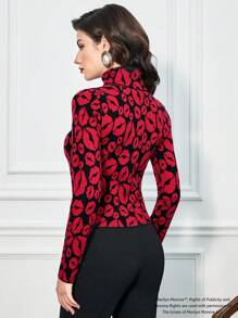 Marilyn Monroe X SHEIN Women's Letter And Lip Pattern Turtleneck Fitted Sweater - Burgundy - View 2
