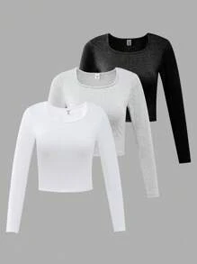 Sweetra Young 3pcs Tween Girl Casual V-Neck Long Sleeve T-Shirt Pack (Black, White, Gray)