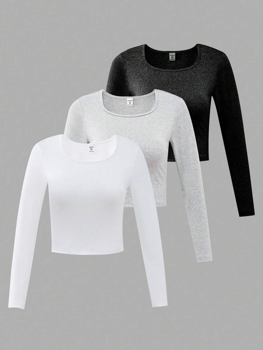 Sweetra Young 3pcs Tween Girl Casual V-Neck Long Sleeve T-Shirt Pack (Black, White, Gray)
