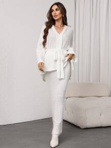 SHEIN Privé 女士针织毛绒抽绳宽松长袖上衣和鱼尾裙 - 杏色 - 查看 6