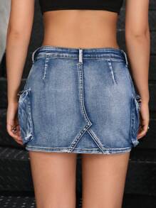 SHEIN Stylish Blue Denim Elastic Mini Skirt For Teen Girls