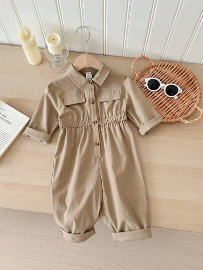 SHEIN LMoss Kids Barboteuse de bébé fille nouveau-né de couleur unie kaki mignon avec pantalon long, automne et hiver