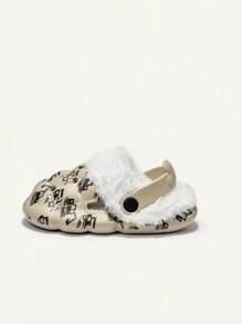 Cozy Pixies 1 双幼儿男孩卡通挖掘机印花可爱室内拖鞋，保暖内衬，适合秋冬季日常穿着 - 卡其色 - 查看 4