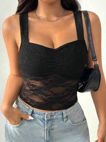 SHEIN EZwear Top de tirantes de encaje vintage negro en talla grande, para el verano