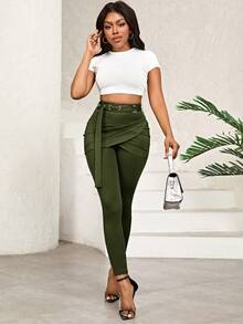 SHEIN Lady Conjunto de falda midi con abertura y leggings de parches con enlaces circulares para mujer - Verde militar - Ver 5