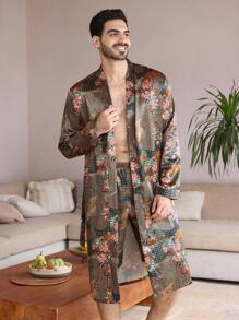Men's Floral Print Robe With Belted Waist - Multicolor - View 4