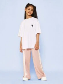 SUMWON Tween Girls Oversized Fit Tee With Heart & Back Graphic Print