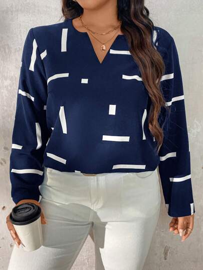 SHEIN LUNE Plus Size Women's Spring/Summer Geometric Print V-Neck Long Sleeve Casual Blouse