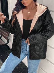 SHEIN LUNE Color Block Hooded Zip-Up Padded Warm Short Padded Coat Plus Size Winter Clothes - Multicolor - View 5