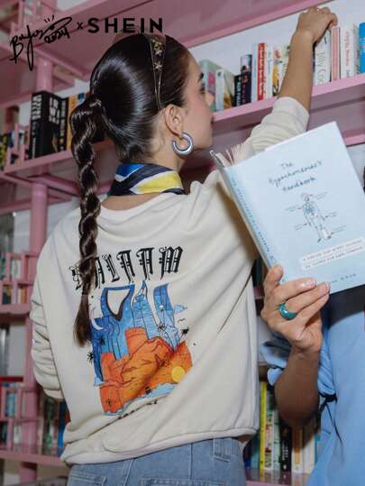 Mulvari Sudadera de cuello redondo de manga larga con estampado simple para mujer, parte superior informal y cómoda de estilo jersey