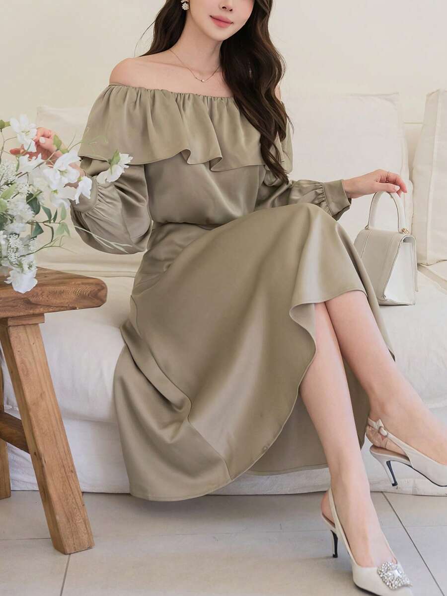 DAZY 2 件套女士纯色露肩荷叶边衬衫和裙子套装,秋季服装 - 杏色 - 查看 1
