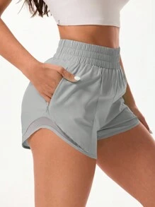 Effen kleur elastische taille zak sport shorts, zomer vrouwen sweat short, gym short, biker short comfortabele short