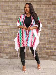 Slaydiva 优雅多色波纹图案流苏前开超大无袖针织开衫 - W - 彩色 - 查看 1