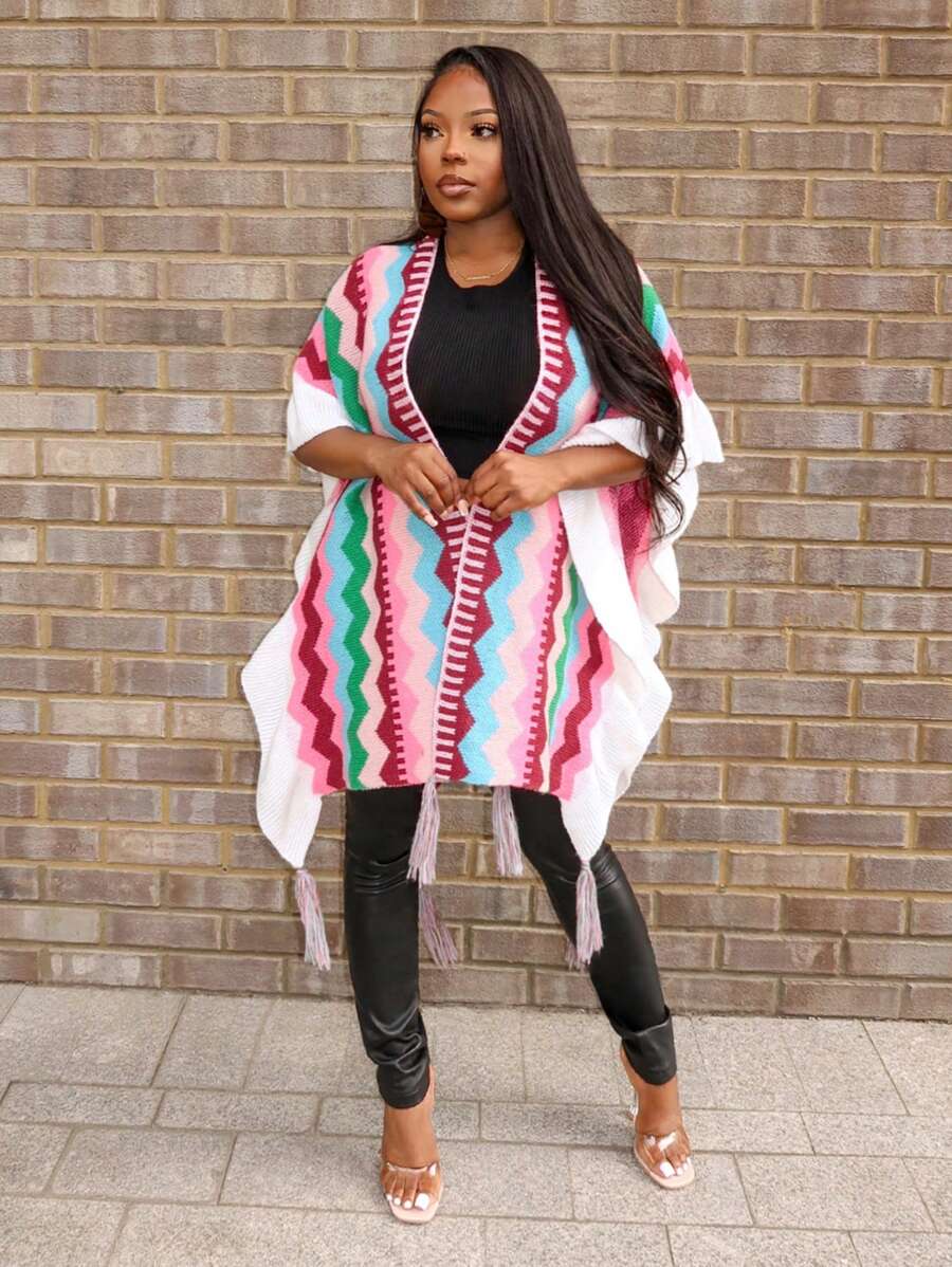 Slaydiva 优雅多色波纹图案流苏前开超大无袖针织开衫 - W - 彩色 - 查看 1