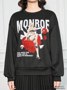 Marilyn Monroe X SHEIN Women's Casual Figure & Slogan Print Loose Relaxed Fit Black Sweatshirt, Spring Autumn - Black - View 5