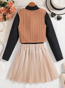 少女 V 领棕色背心 + 黑色高领长袖衬衫 + 褶皱松紧腰裙 3 件套 - 卡其色 - 查看 2