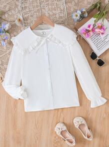 SHEIN Tween Girl Peter Pan Collar Button Front Long Sleeve Blouse - White - View 1
