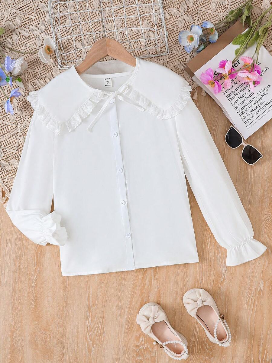 SHEIN Tween Girl Peter Pan Collar Button Front Long Sleeve Blouse - White - View 1