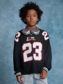 SHEIN Tween Boys' Solid Color Letter Print V-Neck Loose Casual Long Sleeve Sweatshirt - Black - View 1
