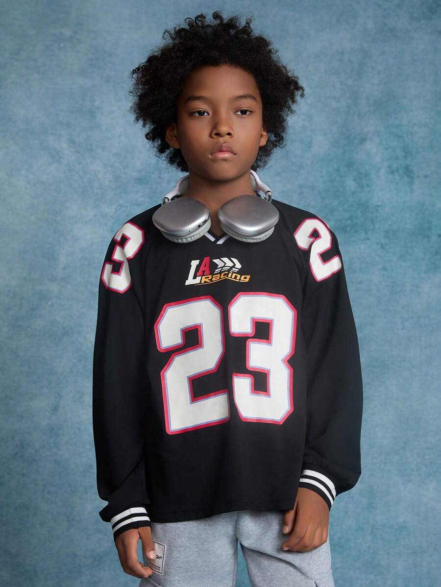 SHEIN Tween Boys' Solid Color Letter Print V-Neck Loose Casual Long Sleeve Sweatshirt - Black - View 1