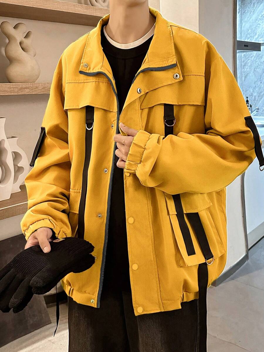 Manfinity EMRG 1 件男式前拉链长袖拼色休闲夹克 - 黃色 - 查看 1