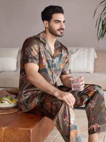 Manfinity ChillVibe Men's Floral Print Button-Front Short Sleeve Top And Pants Pajama Set