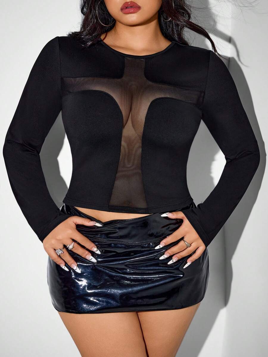 SHEIN ICON ICON Plus Size Women's Sexy Party Hollow Cross T-Shirt, Halloween Costume - Black - View 1