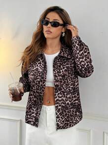 SHEIN EZwear Women's Zip-Up Long Sleeve Fashionable Street Style Cheetah Jacket - Multicolor - View 5