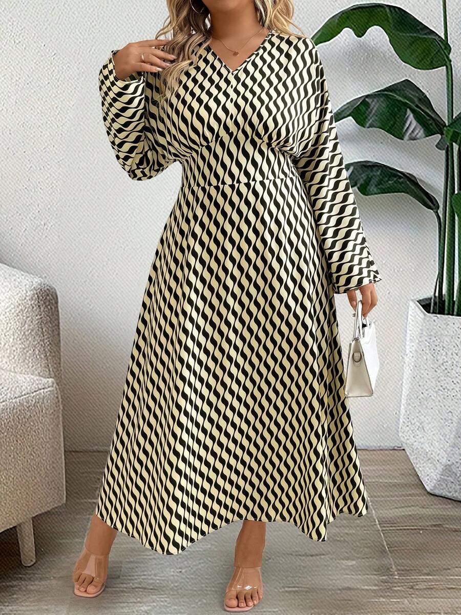Celure Đầm dài thường ngày in họa tiết cổ chữ V tay dài cỡ lớn - Nhiều màu - Xem 1