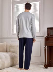 2pcs Men Letter Print Crew Neck Long Sleeve Top And Pants Loungewear Set - Light Grey - View 2