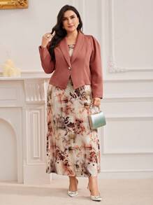 Modelyn 2 件大码套装：翻领长袖上衣和全身印花优雅连衣裙 2 件套