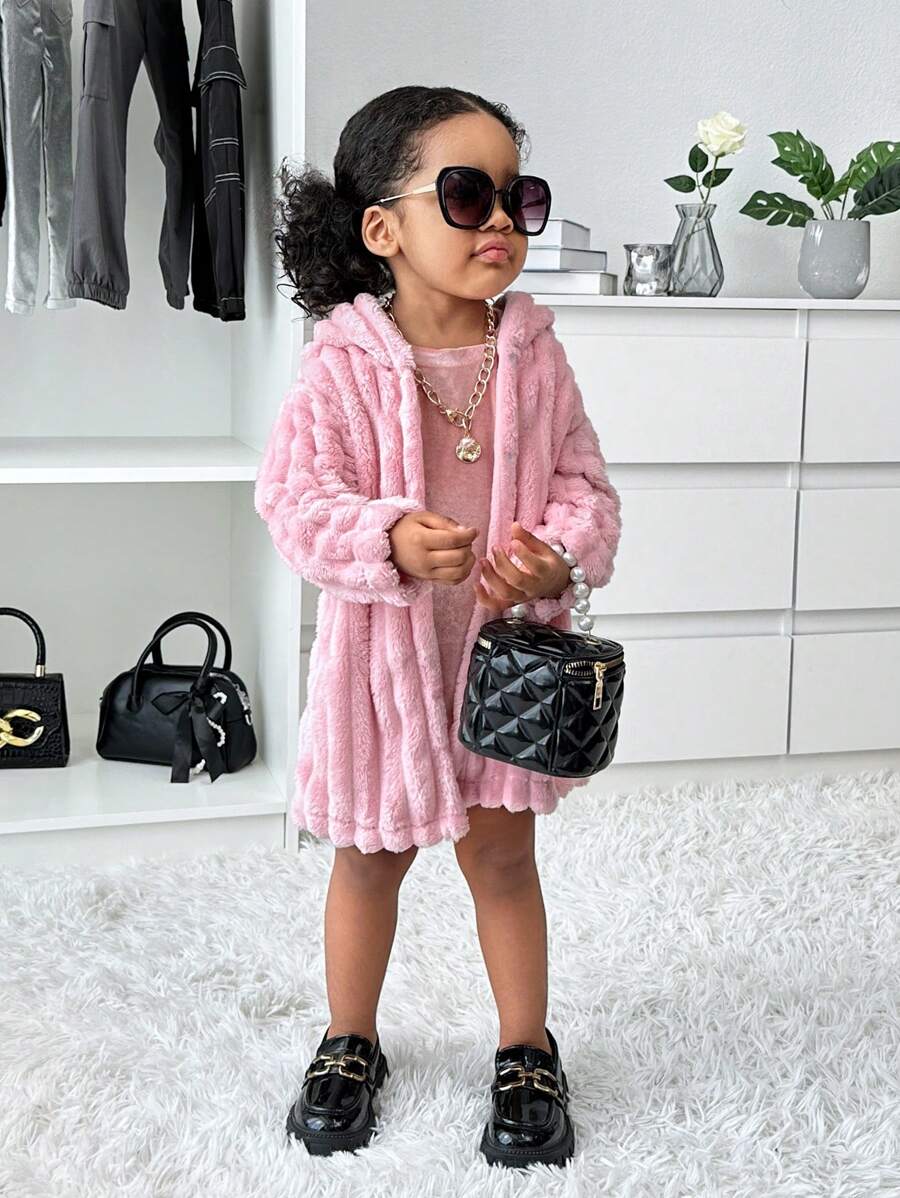 SHEIN Explorewe 2pcs Baby Girls' Winter Solid Color Fluffy Hooded Jacket & Sleeveless Dress Set - Apricot - View 1