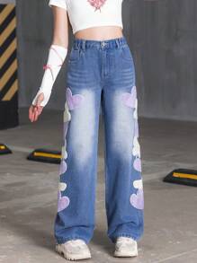 WESTFADE Young Blugi din denim Tween Girl Heart & Butterfly Applique