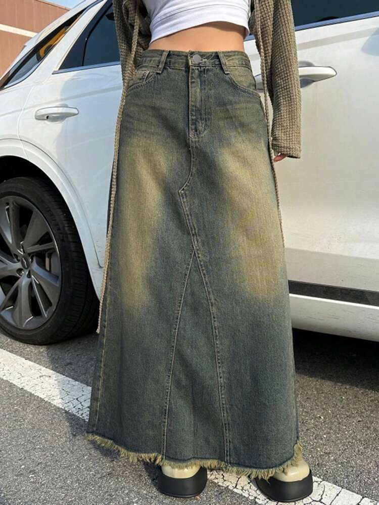 Women's Vintage Washed Distressed Denim Skirt