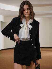 Aveloria Modichic Women's 2 Pieces Outfit Crop Tweed Jacket And Bodycon Mini Slip Skirt - Black - View 6