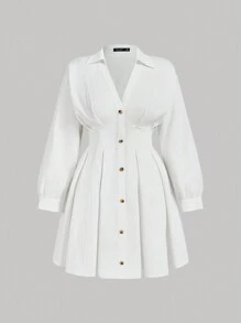 SHEIN MOD Plus Size White Holiday Front Button V-Neck Ruched Dress,White  V-Neck Pleated Shirt Dress With Front Buttons