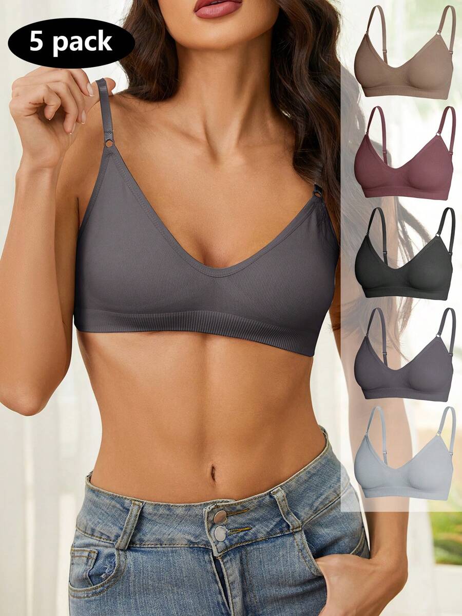 5 件/套女士纯色罗纹休闲无缝胸罩 - 彩色 - 查看 1