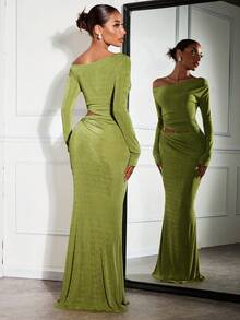 SHEIN SXY 2 件套露肩长袖上衣和绿色紧身裙套装，秋冬 - 綠色 - 查看 2