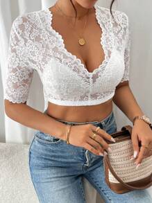 SHEIN Frenchy Damen V-Ausschnitt Dirndl Crop Top mit kurzen Ärmeln und Spitzen Tailleneinsatz, leger, Oktoberfest Tracht