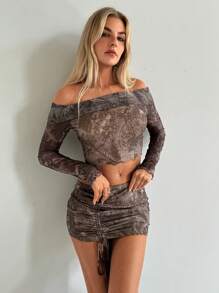 Aloruh Women's Brown Autumn Y2k Club Night Suit 2pcs Elegant Knitted Print Nomadic Wasteland Style One Shoulder Long Sleeve Top+Ultra Low Waist Pleated Skirt - Multicolor - View 3