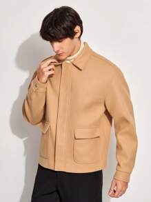 Manfinity VCAY Men's Woven Casual Stand Collar Long Sleeve Woolen Jacket, Suitable For Autumn And Winter