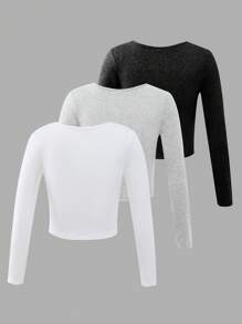 Sweetra Young 3pcs Tween Girl Casual V-Neck Long Sleeve T-Shirt Pack (Black, White, Gray)
