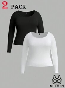 SHEIN EZwear 2pcs Plus Size Women's Round Neck Long Sleeve Black & Multicolor T-Shirt Sets, Spring & Summer - Multicolor - View 7