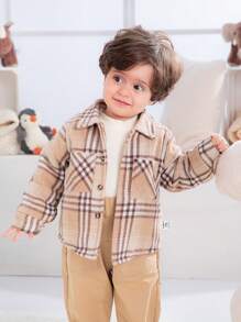 SHEIN Áo khoác in họa tiết caro dài tay cài nút túi trước cho bé trai - Màu Khaki - Xem 1
