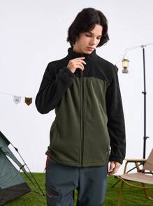 In My Nature Men's Solid Color Splice Front Zip Long Sleeve Simple Casual Outdoor Fleece Jacket